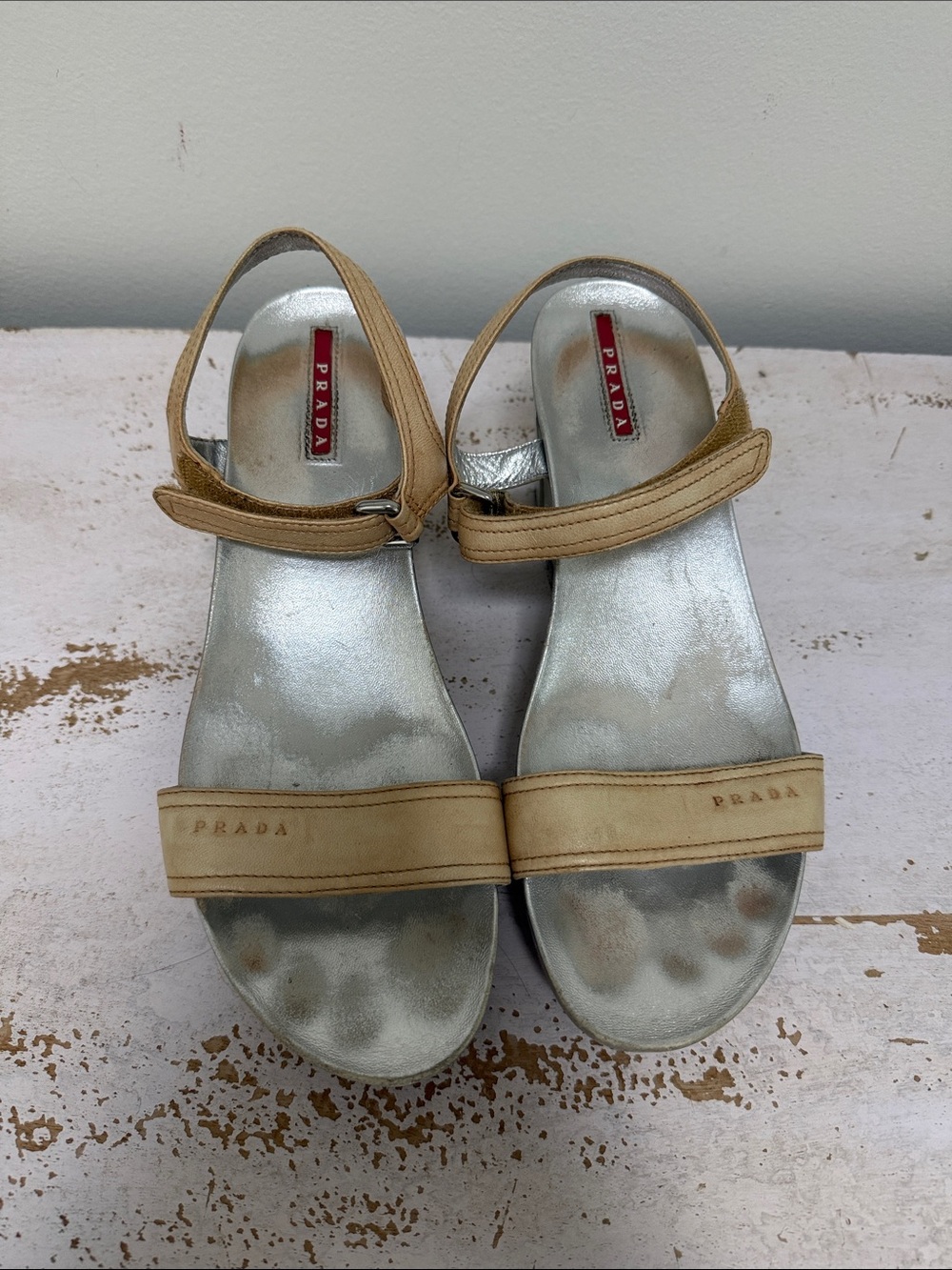 Prada Silver Footbed with Beige Straps Sandals